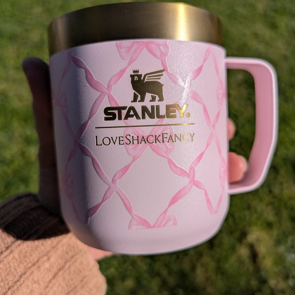 New Stanley LoveShackFancy Pink and Gold with bows Mug cup 12 oz with lid